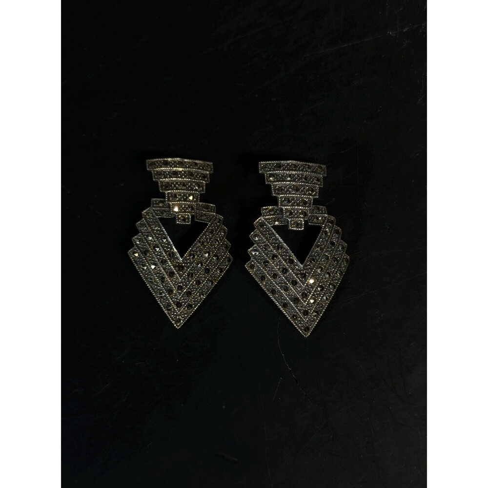 Vintage Sterling Silver 925 Marcasite Art Deco Geometric Dangle Earrings